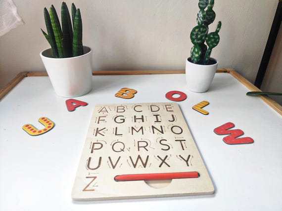 Montessori Alphabet Tracing Board – Wooden Tablet with Stylus for Uppercase & Lowercase Letter Writing Practice