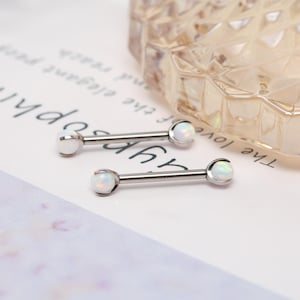 14G Nipple Barbell Ring G23-Titanium Silver White-Opal Nipple--Piercing--Jewelry Nipple Tongue Bar Bridge--Barbell Nipple--Body--Piercing