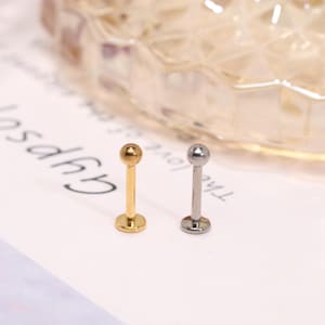 May include: Two lip piercing studs. One is gold-colored, the other is silver-colored. Each stud has a small, round ball at the top and a flat disc at the base. The studs are displayed on a white surface.