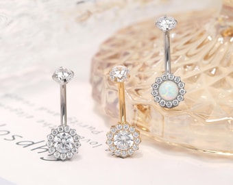 14G Navel Piercing G23 Titanium Flower Opal CZ Curved Barbell Belly Ring Belly Piercing Navel Barbell Belly Button Ring Navel Belly Jewelry