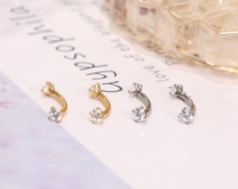 Pendiente de perforación de ceja con barra curva de 18 g/16 g, G23, titanio, oro, plata, circonita transparente, para cartílago, labio, barra minimalista.