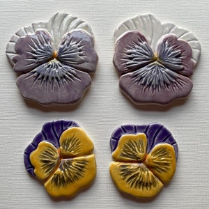 Pair of Ceramic handmade unique pretty Pansy mosaic tiles. Modelled in relief to add a wonderful centre piece to your own mosaic project.