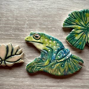 Ceramic handmade Frog on lilly Pad mosaic tile, shape, unique touch to add to wall art or to add to your mosaic project.