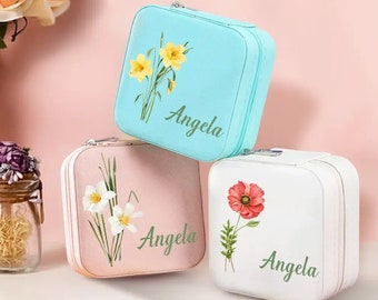 Joyero de viaje con flores de nacimiento personalizadas/estuche organizador de joyas/regalos para despedida de soltera, cumpleaños, dama de honor, sobrina, mamá, novia