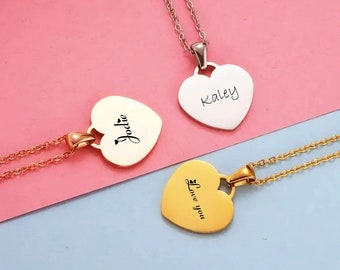 Personalized Engraved Heart Name Necklace, Any Text, Name Date Necklace, Gift for Her, Statement Necklace, Heart Locket Memorial Necklace