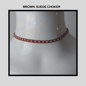 Brown Suede Choker Necklace – Vegan Leather Boho Jewelry with Gold Studs – 90s Inspired Minimalist Gift