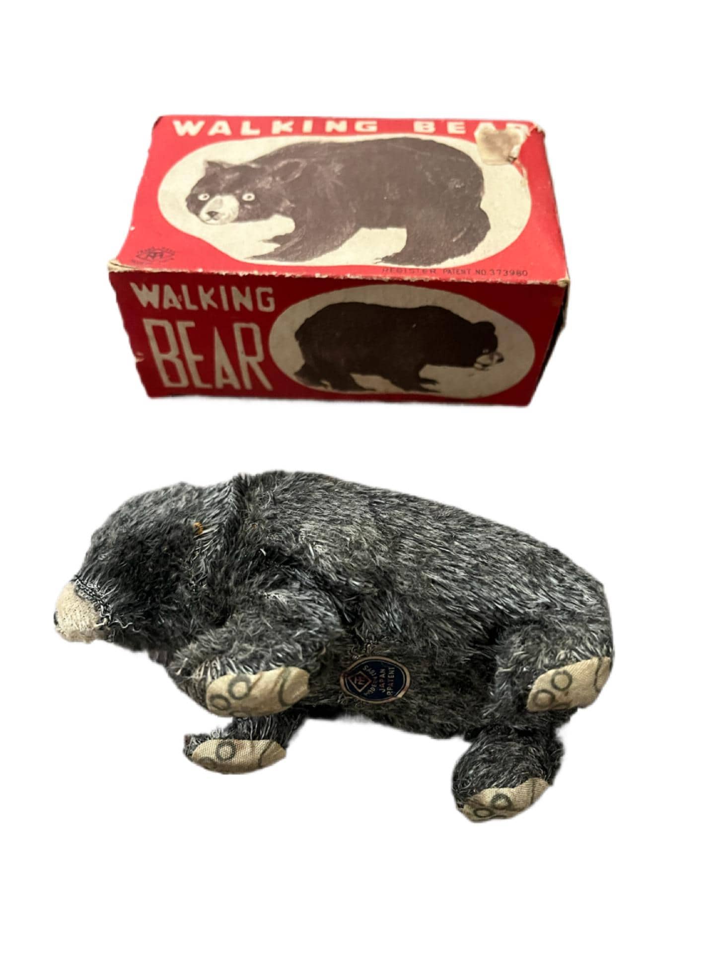 Vintage 1950s Plush-covered Tin Mechanical Wind-up Toy. Walking