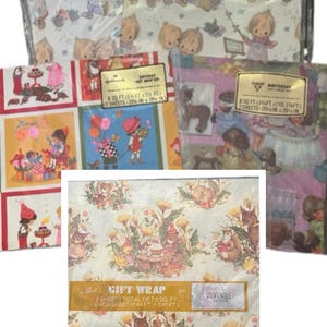 May include: Several rolls of vintage gift wrap featuring various designs. One roll displays a pattern of woodland creatures and flowers. Other rolls show children and birthday themes. The text "GIFT WRAP" is visible.