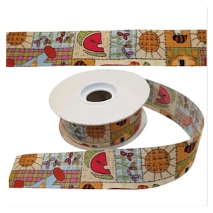Vintage Roll Patterned Fabric Ribbon. Patchwork Pattern, Watermelon, Sun, Bees, Doodles. 1 1/2”
