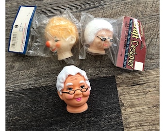 Vintage doll head. Clown or old woman. New old stock. In original packages. YOU CHOOSE!