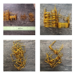 May include: Four different arrangements of gold wire, each with a unique shape and pattern. The wire is coiled and twisted into intricate designs.