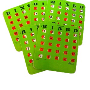 5 Vintage BINGO-vensterkaarten. Limoengroen met rode ramen. 2002. Gemaakt in de VS