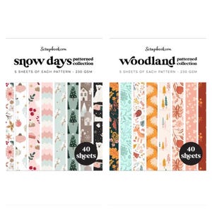May include: Two paper packs from Scrapbook.com. The "snow days" collection features winter-themed patterns in pink, white, and green. The "woodland" collection offers patterns with leaves, flowers, and animals in orange, green, and brown. Each pack contains 40 sheets.
