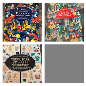 May include: Four Disney gift wrap books. One features Mickey Mouse with the text "Mickey's Movie Career". Another depicts Lady and the Tramp with the text "A Disney Christmas". The third is "Teddy Bear Paper Doll Giftwrap Paper".