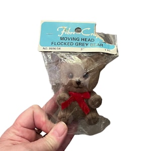 Vintage Fibre Craft Flocked Bear. Moving head Flocked Grey Bear 3” New old stock!
