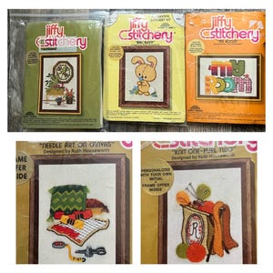 May include: Four vintage embroidery kits with colourful designs. The kits include "Jiffy Stitchery"  "My Room", "Baby Bunny", "Needle Art on Canvas" and "Knit One-Purl Two".
