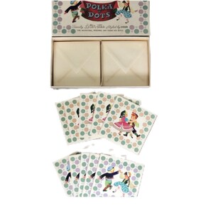 Vintage letter-ettes van Gibson 'Polka N' Dots' in doos. Oorspronkelijk 10 van de 20 kaarten.