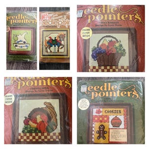 May include: Four different needlepoint kits featuring a cornucopia, a fruit basket, a gingerbread man and cookies, and a carousel horse. Each kit includes a printed graph, lettering, and a frame offer.