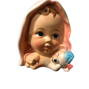 Vintage Antique Head Vase Figurine. 1960. Baby holding teddy bear. Great used condition.