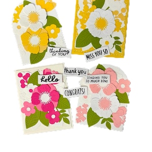 4 cartes faites main. Cartes de correspondance en forme de découpe ! Chacune des 4 cartes est différente et unique. Choix de voeux inclus.