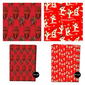 May include: Red wrapping paper sheets with repeating patterns. One design features devil faces and figures with pitchforks. The other design has snowmen, snowflakes, and candy canes with the text "Season's Greetings". Each sheet measures 48cm x 69cm.