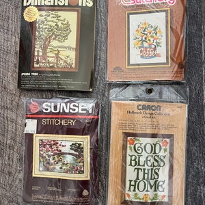 Jiffy Sunset Stitchery Dimensions Caron Stitchery kits. New old stock. Unopened. Good pre owned condition. YOU CHOOSE!