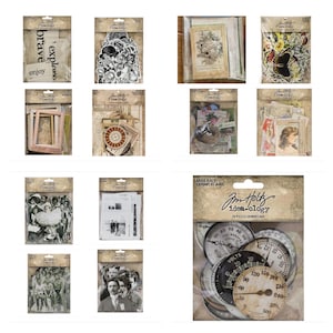 Könnte beinhalten: Eine Sammlung von 10 Verpackungen mit Bastelartikeln im Vintage-Stil. Die Verpackungen zeigen verschiedene Designs, darunter Uhren, Blumen und alte Fotos. Die Verpackungen sind mit "Jim Holtz idea-ology" beschriftet.