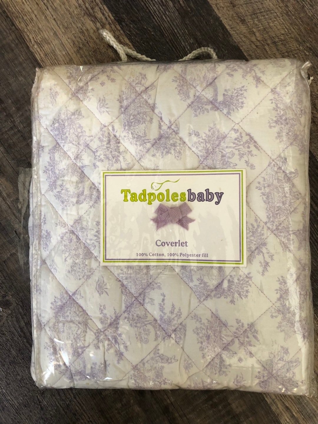 Vintage Tadpoles Baby Crib Coverlet. Purple and White Toile Bunnies