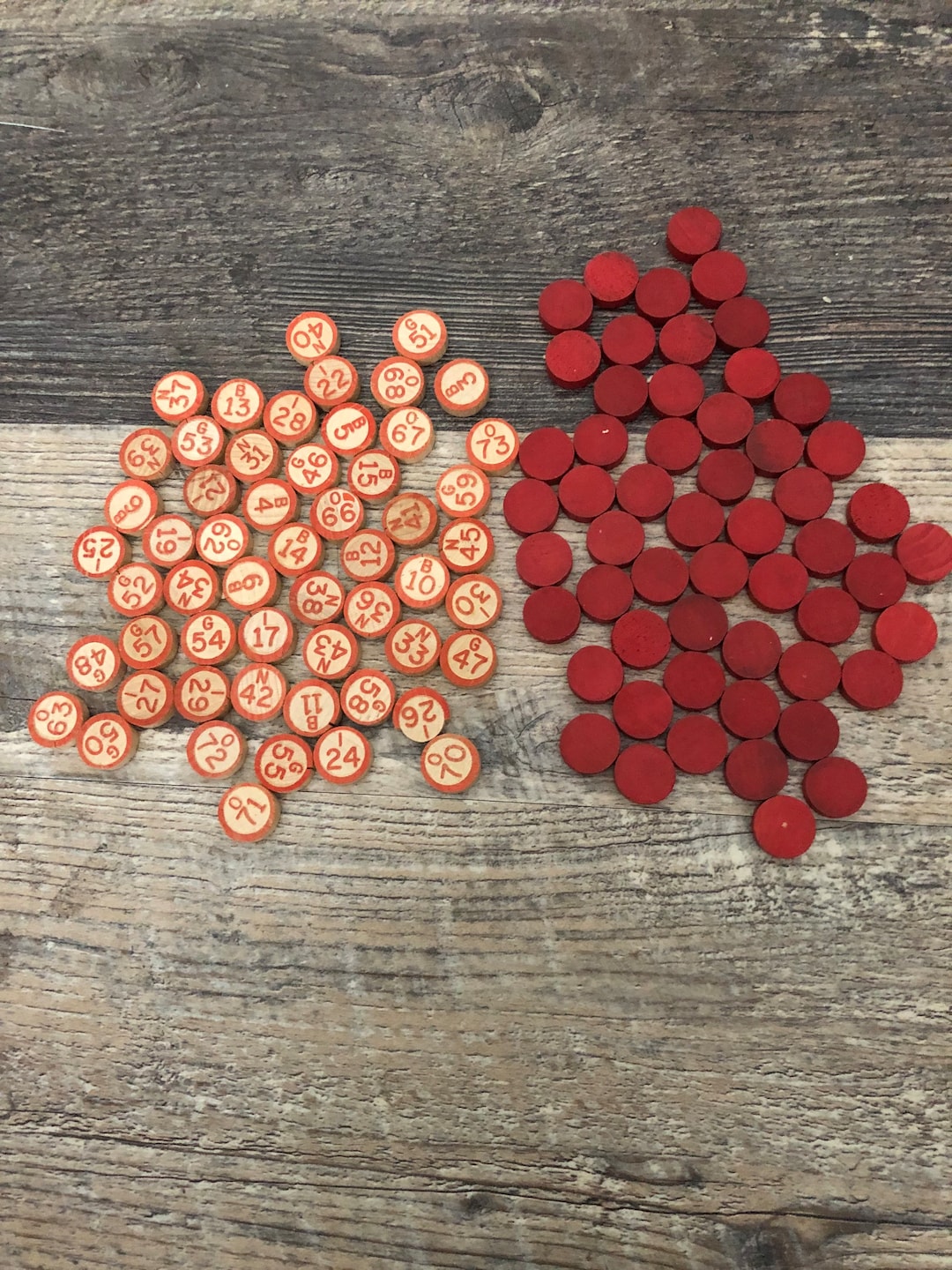 Vintage BINGO Chips. 27 Red Wood Rounds, or 27 Wooden Number Chips Pre Owned Good Condition