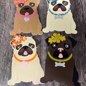 4 cartes faites main. Des cartes de correspondance en forme de chien découpées à l'emporte-pièce ! Chacune des 4 cartes est différente et unique. Salutations au choix incluses.