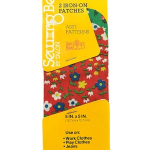 May include: A pack of two iron-on patches from Sewing Bee by Talon. The patches are 12.7 cm x 12.7 cm and feature a red floral pattern. The package text says they can be used on work clothes, play clothes, and jeans. Machine washable.