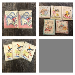 Peut inclure: Ensemble de cartes de vœux vintage. Les cartes présentent des illustrations d'un éléphant, d'un chiot et d'autres motifs fantaisistes. Certaines cartes portent les inscriptions "You're invited to a Birthday Party" et "Say Don't Forget! Come to a Birthday Party!"