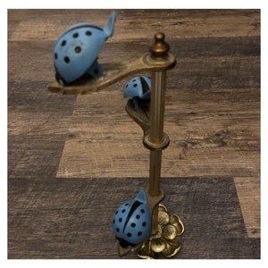 Vintage Allied Brass 3 blue Lady Bug Clip tiered clip holder! Very unique quirky fun piece.