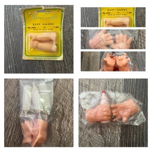 Może przedstawiać: Kolekcja zabytkowych materiałów do robienia lalek, w tym pary małych plastikowych rączek dla dzieci, butelki i butelka z czerwoną nakrętką. Opakowanie zawiera napis "Baby Hands" i "Made in Hong Kong". Ręce mają około 7.6 cm długości.