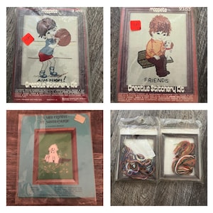 May include: Four vintage creative stitchery kits. Two kits feature children with text that reads "AIM HIGH!" and "FRIENDS". The third kit is a "Mini Flower" design. The fourth kit includes two framed canvases with embroidery thread.
