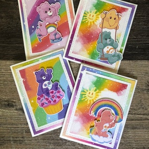 Set of 4 Care Bear! Handmade cards by Crafty Kitty. All unique and slightly different!