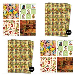 May include: A collection of patterned papers with vintage designs. The patterns include dolls, playing cards, dog illustrations, and retro advertisements. One sheet is labeled "19" x 27" (48cm x 69cm).