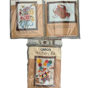 May include: Three Caron counted cross stitch kits. One shows a floral bouquet, another apples in a basket, and the third a clown with balloons. Each kit is sealed in plastic.