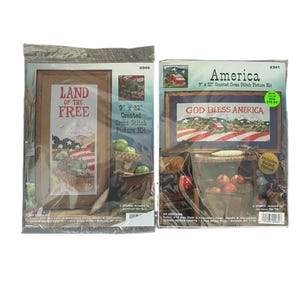 May include: Two counted cross stitch picture kits. One kit features the text "LAND OF THE FREE" with an American flag and a tractor. The other kit says "America" and "GOD BLESS AMERICA" with a red barn and American flag. Each kit is 22.86 cm x 55.88 cm.