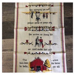 Paño de cocina vintage holandés Amish con frase "Ferhecht" de Farmer Baby, lino, 25 x 17 pulgadas