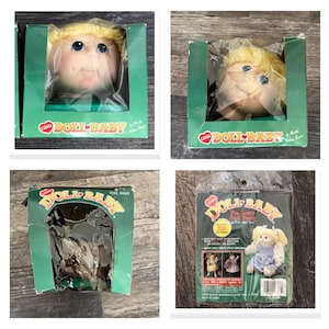 Könnte beinhalten: Vier Bilder von Vintage-Produkten von Little Doll Baby. Ein Bild zeigt einen Puppenkopf in einer grünen Schachtel. Ein anderes zeigt den Puppenkopf in einer Schachtel aus einem anderen Blickwinkel. Die anderen beiden Bilder zeigen die Verpackung für Puppenkörper und -kopf.