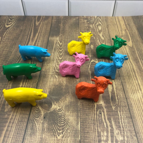 Vintage erasers. Pig cow eraser tops. New old preowned stock. Diener.