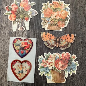 Lot of 6 Vintage Victorian style die cut cards and stickers! 4 cards, 2 stickers! John Grossman & Lillian Vernon 1987-1988