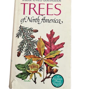 Puede incluir: Un libro antiguo titulado "Trees of North America" con una cubierta de color crema. La portada presenta ilustraciones de varias hojas, piñas y una flor. El título está en rosa y el libro forma parte de la serie "A Golden Field Guide".