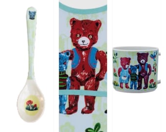 ¡Petit Jour con la artista Nathalie Lete! Bandeja de melamina para bebé, taza con dos asas. ¡Ricitos de Oro y los tres osos! ¡Tú eliges!