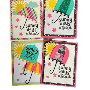 4 cartões feitos à mão. Cartões “Sunny Days Ahead”! Cada um dos 4 cartões é diferente e único.