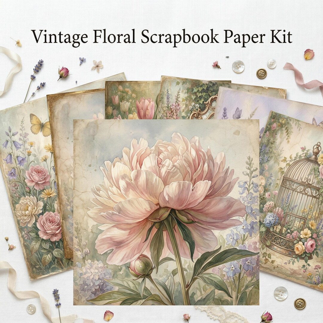 Vintage Floral Scrapbook Paper Kit – Shabby Chic Junk Journal Ephemera ...
