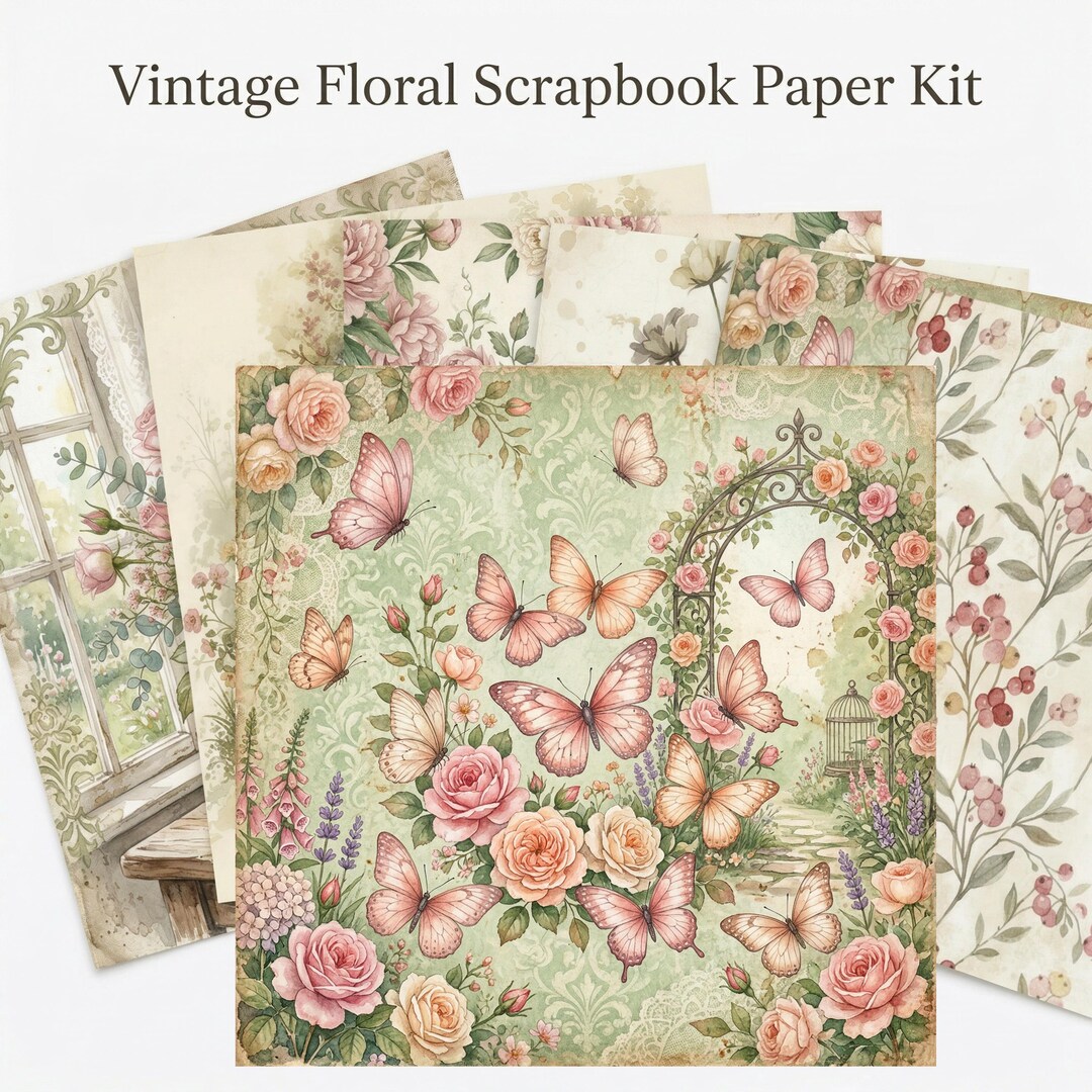 Vintage Floral Scrapbook Paper Kit – Butterfly Garden Junk Journal ...