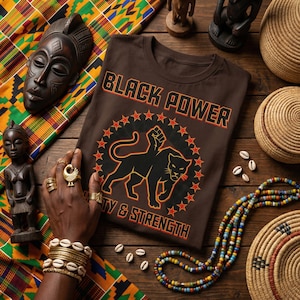May include: A brown t-shirt with the words "BLACK POWER" in orange and black lettering. The shirt features a black panther graphic with a raised fist inside a circle of red stars. The words "UNITY & STRENGTH" are below the panther.
