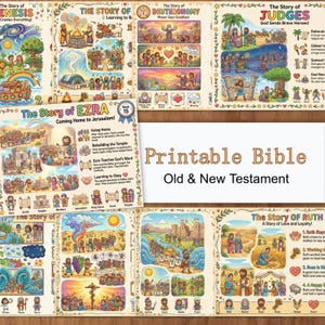 May include: A collection of colorful Bible story illustrations, including scenes from Genesis, Deuteronomy, Judges, Ezra, and Ruth. The text "Printable Bible Old & New Testament" is displayed prominently.